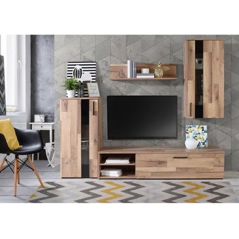 CRUNCH Ensemble Meuble TV 1 porte + Etagere murale + Vitrine 1 porte vitrée - Décor chene planche - L 213 x P 41,3 x H 184 (1/5)