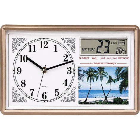 Horloge à poser et murale cadre photo LCD calendrier et température or champagne réf 3593 33 × 22 × 10 cm 600 g – Livraison gratuite