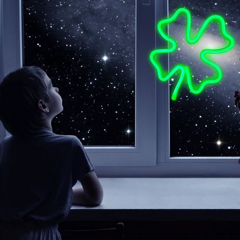 1 grünes LED-Leuchtschild in Kleeblattform zur Wanddekoration, auch als Nachtlicht verwendbar (Batterien/USB) (1/5)