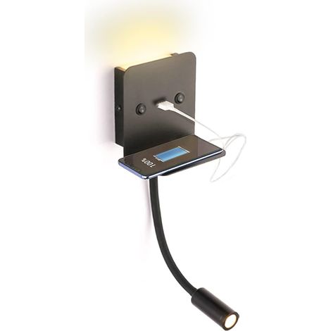 MINKUROW Lámpara De Lectura De Luz De Pared Led De Aluminio Negro De 6 W Con Foco Flexible Blanco Cálido Ajustable De 3 W Y Base De Carga Usb Para Dormitorio, Cama, Cabecero (1/5)