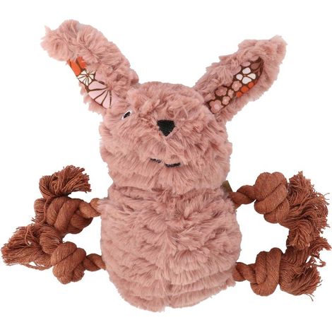 Un lapin en peluche avec une corde et un mécanisme sonore, parfait pour que les chiens puissent jouer avec. (1/3)