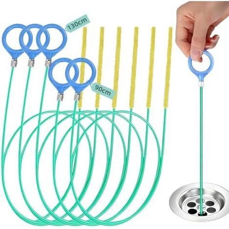5 Pièces Furet Déboucheur Canalisation, (130cm & 90cm) Embouts en Acier Revêtu Nylon pour Canalisation Anti Bouchons Cheveux Cuisine, Salle de Bain, - (1/5)