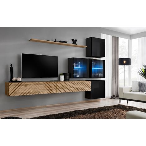 Ensemble de 7 meubles muraux "Switch XIX" pour TV en bois - Beige et Noir - L 310 x H 200 x P 40 cm - Livraison gratuite