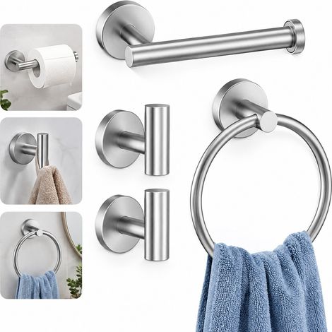Set salle de bain 5 pièces en acier inoxydable finition argent brossé, barre porte-serviettes 40 cm, porte-papier, anneau de serviette et 2 crochets muraux, antirouille pour salle de bain et cuisine (1/5)