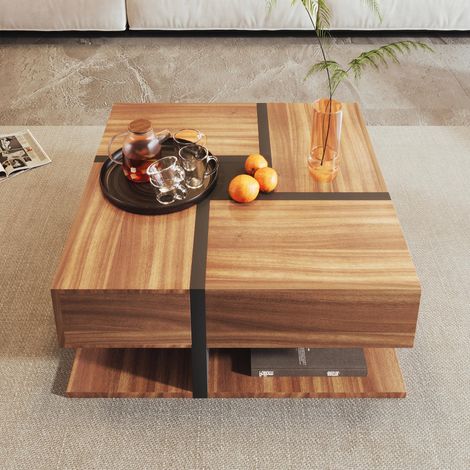 Mesa de centro cuadrada moderna de aglomerado con cuatro cajones y estantes abiertos, ideal para salón, oficina y dormitorio (78 x 78 x 36 cm) (1/5)