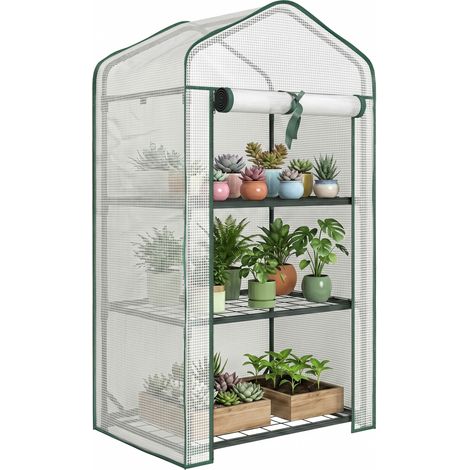 Gartenregal für Gewächshaus, 3 Ebenen, Maße 59 x 39 x 127 cm (L x B x H), pulverbeschichtetes Metall, grün, hochdichtes PE 140 g/m², weiß
