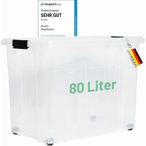 Boîte de rangement Novaliv XXL avec couvercle, grande 80L, transparente, emboîtable, boîte en plastique empilable avec fermeture à clip, boîte Euro