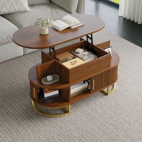 Tavolino da caffè 100x50x64 cm, piano sollevabile con vano contenitore, ante scorrevoli, MDF noce (1/5)