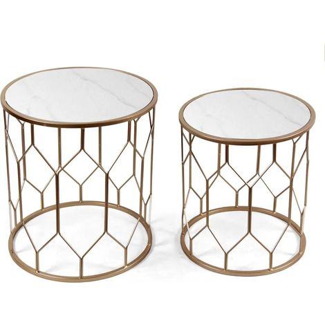 Set aus 2 runden Beistelltischen in Metall mit Marmor-Effekt Ø47x53 und Ø41x46 cm