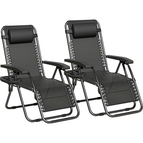 Set of 2 Zero Gravity Reclining Folding Outdoor & Garden Chairs with Textilene Fabric, Cup Holder and Headrest Pillow � BLACK FRAME & BLACK TEXTILENE (1/5)