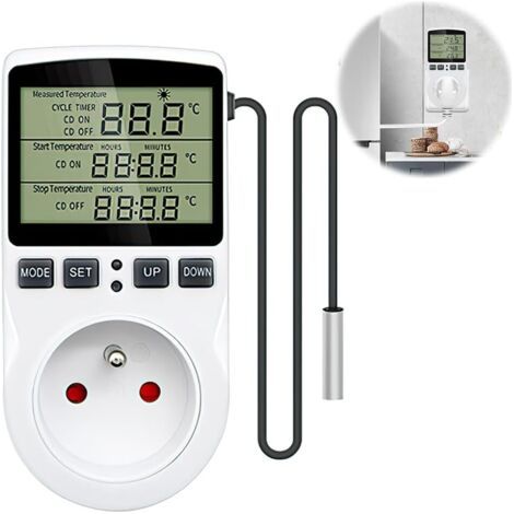 Prise Thermostat, Regulateur Température Numérique, 230 V Prise Programmable Digitale avec Ecran LCD et Sonde, Thermostat Terrarium, Prise ThermostatChauffage pour Serre, Aquarium (Prise FR)