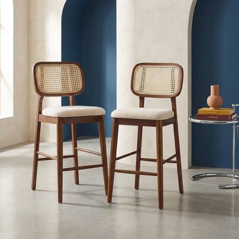 Lot de 2 tabourets de bar bois d'hévéa cannage et bouclette 66.5cm - Mani Noyer / Blanc (1/5)
