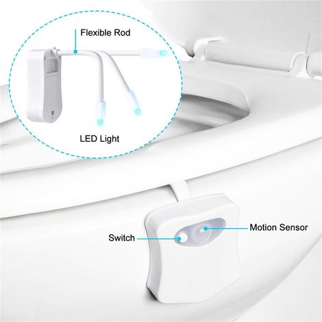 Lampe de toilette LED automatique à détection de présence, 8 couleurs, pour cuvette de toilettes et salle de bain. (1/4)
