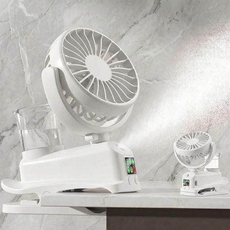 Mini USB Ventilateur Pince Portable, Mini Ventilateur Rechargeable Avec Spray Humidificateur, 4 Vitesses,Mini Ventilateur Portable(Blanc) (1/5)