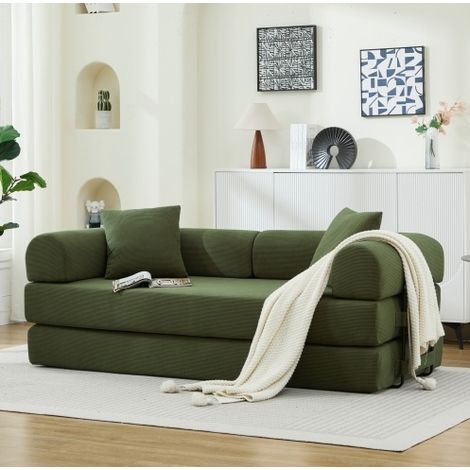 Sofá cama (200x90x75 cm), multifuncional, sin montaje, tejido de corduroy, verde (1/5)