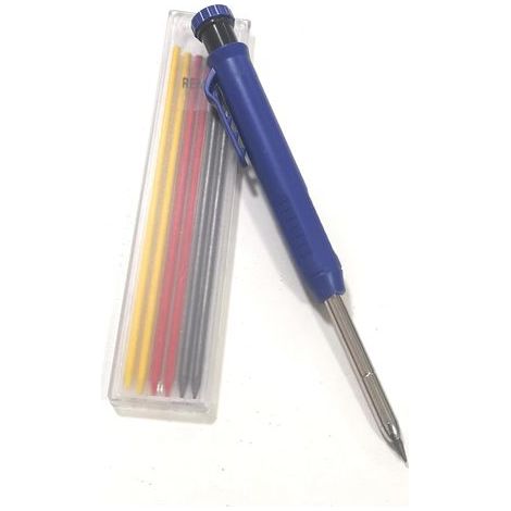 1 - Crayon De Charpentier - Taille-Crayon Intégré - Marquage Précis Sur Bois Et Béton - Avec 7 Recharges Et Clip De Poche - Bleu (1/2)