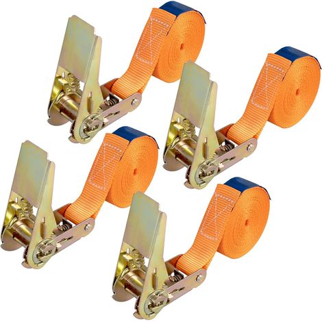 Lot de 4 Sangles d'arrimage à cliquet de 4 m - Robustes - avec cliquet - pour Transport de matériel, Moto, vélos, déménagement, Colis de Bagages, Camping (Orange)