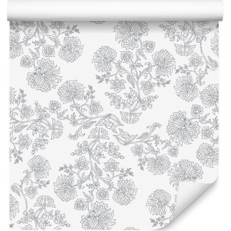 Carta da parati bianca e grigio chiaro con fiori, dettagli raffinati, 50x1000 cm (1/5)