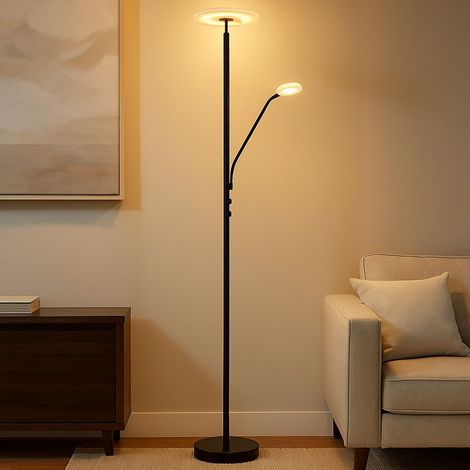 Lampada da terra LED dimmerabile con lampada da lettura flessibile Lampada da terra nera, metallo acrilico, 28W 2100lm bianco caldo, DxH 30 x 180 cm