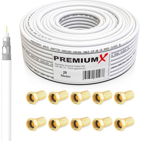 20m Câble coaxial Satellite SAT - 135dB Blindé 4 Couches - Compatible avec DVB-S/S2, DVB-C, DVB-T - 4K 1080p FULL HD HDTV - Câble d'Antenne Coaxial pour Installations CATV + 10 connecteurs F (1/5)