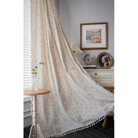 Rideaux bohème style campagne coton lin macramé vintage creux translucide beige motif floral 150x160cm pour fenêtre salon chambre (1/5)