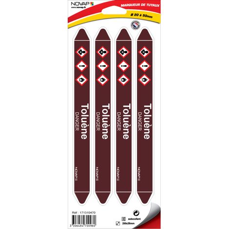 Planche de 4 marqueurs de tuyauterie 250 x 26 mm pour Ø 20 à 50 mm - Toluène - 4700960