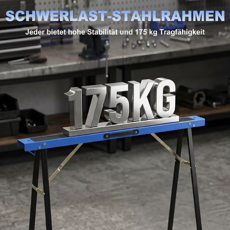 Set aus 2 robusten, klappbaren Metallsägeböcken für Schreiner- und Bauarbeiten, blau und schwarz. (1/5)