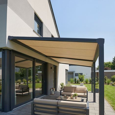 Pergola toile QUARTZ (Motorisation à télécommande + Manœuvre de secours - Gris anthracite RAL 7016 - Écru 250g/m² - 8.00 x 3.00 m (2 modules, 3 poteaux))