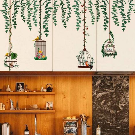 Set mit 4 Wandaufklebern in Form von Vogelästen und Vogelkäfigen für die Wohnzimmerwand, abnehmbare Dekoaufkleber (1/5)