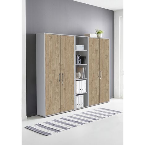 BMG Möbel abschließbare Regalwand/Schrankwand, Office Edition Set 10, grau/ gold harbor oak (1/5)