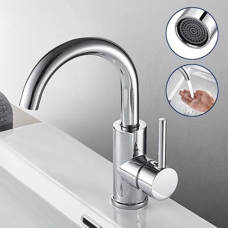 Auralum Rubinetto Bagno Lavabo in Ottone, Girevole a 360° Miscelatore Monocomando Alto, Regolazione a Caldo e Freddo, Aeratore Rimovibile, Cromato (1/5)