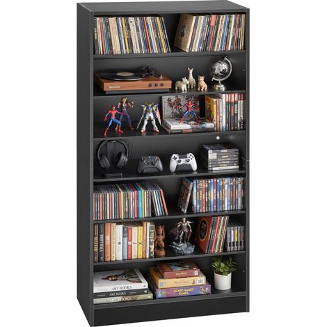 Bibliothèque Étagère, Meuble de Rangement Multimédia à 7 Niveaux 70x30x140 cm, Armoire Bibliothèque pour CD, DVD, Livres, Jeux, Collections, Étagères Réglables pour Bureau, Chambre, Salon, Noir (1/5)