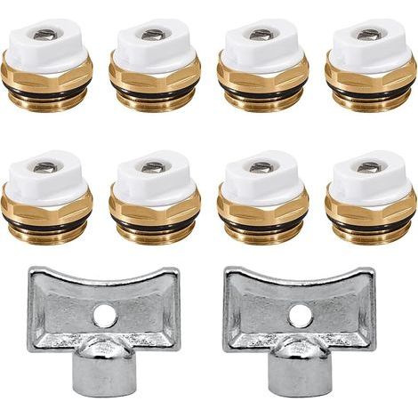 Lot de 8 valves de purge de radiateur en laiton 1/2" avec 2 clés de purge - Valve de chauffage manuelle - Buse d'échappement (1/5)