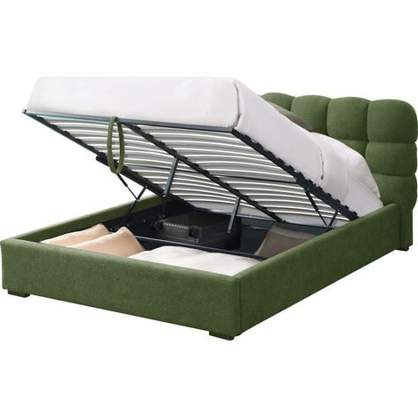 Lit coffre adulte 160x200 cm avec sommier et tête de lit capitonnée en tissu bouclé vert - Lola