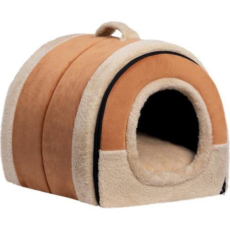 Panier pour chat adapté aux chiens, niche pliable 2 en 1 douce et chaude pour animaux de compagnie, orange-brun (1/4)