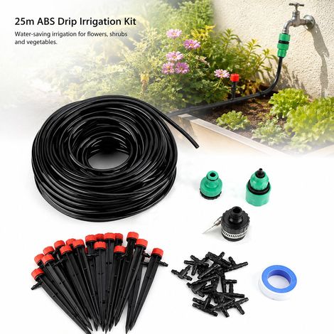 Kit di irrigazione a goccia Toivize - 25 m - ABS - Installazione a innesto nel terreno - Autoirrigazione per fiori da giardino - Rubinetto filettato (1/4)