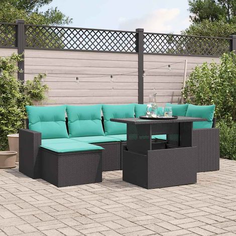 7-teiliges Gartensofa-Set mit Kissen, schwarzes Polyrattan (1/5)