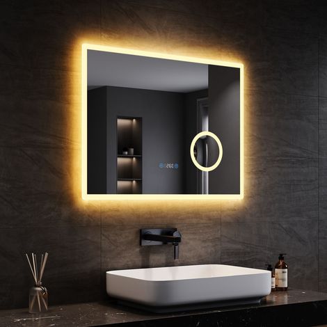 SONNI Badspiegel LED Beschlagfrei Touch Schalter Klatweiß 80x60cm Energie Sparen mit dreifacher Lupe mit 3 Einstellbare Lichtfarben