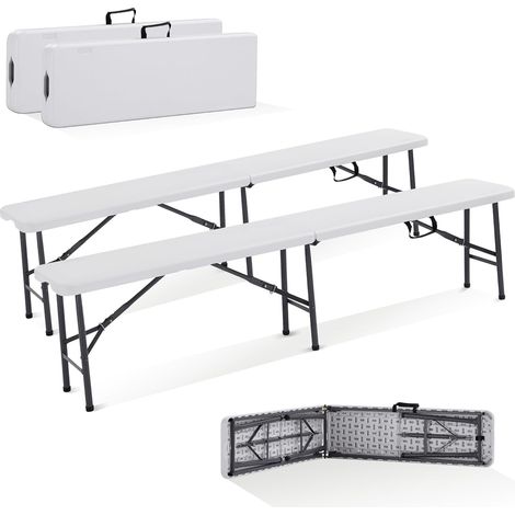 Arebos – Banc de jardin pliant lot de 2 – Dimensions 183 x 28 x 43 cm – Capacité 150 kg par banc – Poignée de transport – Résistant aux intempéries