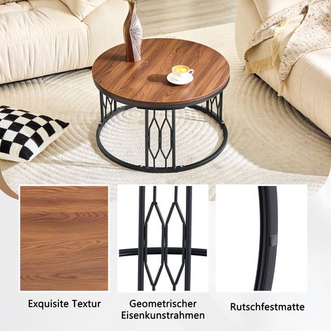 Table ronde en bois effet chêne avec piètement métal noir, table de salon moderne à cadre géométrique en fer, table d'appoint stable Ø70 x H40,5 cm (1/5)