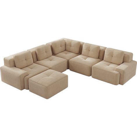 Sofá modular beige para salón en tejido efecto cuerda con chaise longue, sin montaje (1/5)