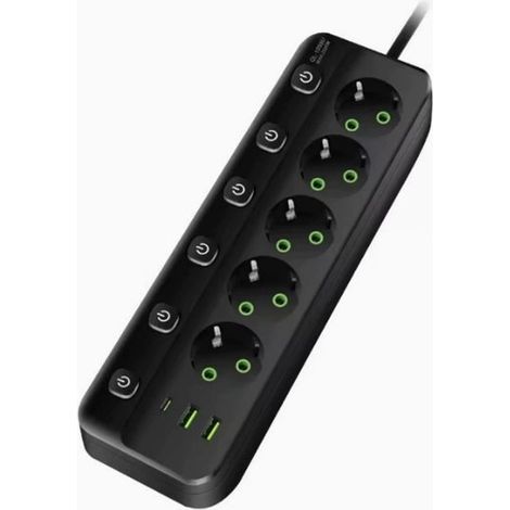Multiprise européenne 5 prises avec USB-C et USB-A, charge rapide Type-C, multiprise compacte pour bureau et maison, noir (1/5)