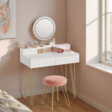 Coiffeuse avec Miroir Pivotant et Tabouret,  Éclairage et Multiprise, Tabouret Rembourré, pour Chambre, Coiffeuse, Blanc et Doré
