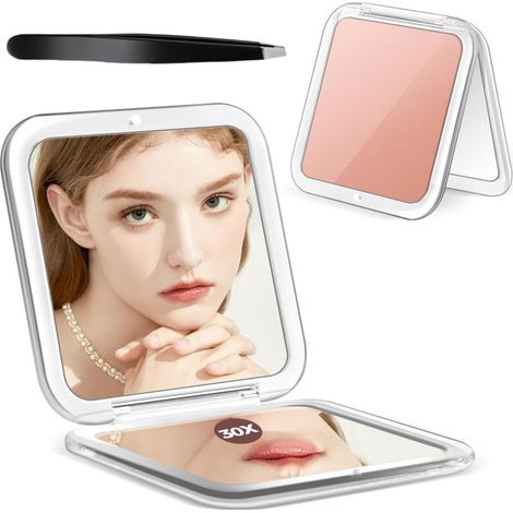 Miroir de maquillage pliable portable -Miroir sans tain - 30grossissementAvec des pinces à épiler -or rose (1/5)