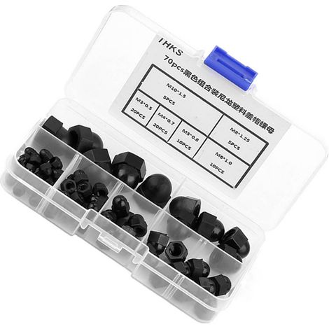 Kit de 70 écrous borgnes en nylon M3/M4/M5/M6/M8/M10 à tête bombée et capuchon hexagonal (noir)