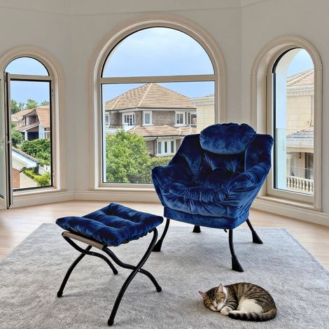 Sillón relax con reposapiés azul oscuro en tela y metal con bolsillo lateral y cojín ergonómico (1/5)