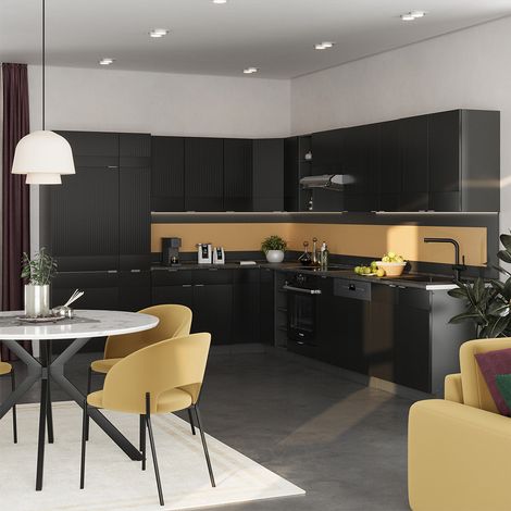 Cocina esquinera Fame-Line, Rayas negras/antracita, 347 x 257 cm sin encimera, Vicco