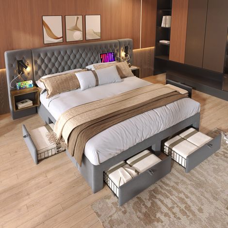 Cama doble 180x200 cm con 2 mesillas, 4 cajones, lámparas USB-C, terciopelo gris REDOM (1/5)