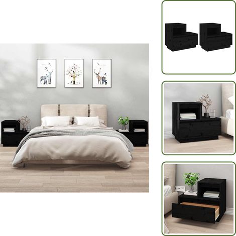 The Living Store Comodini Neri 2 pz 60x34x51 cm in Legno Massello di Pino - Comodino nero