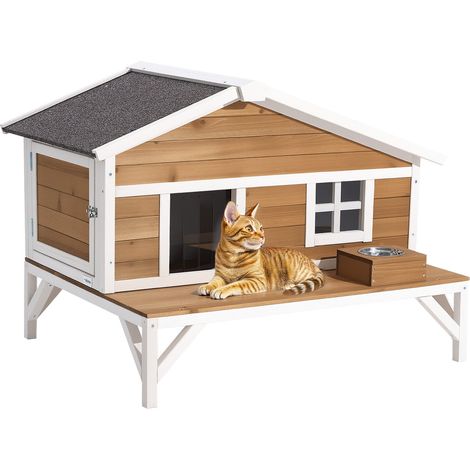 Maison Chat Surélevée, 110,5x85,3x78,7 cm, Niche Chat Extérieur Isolation en Mousse, Abri en Bois avec Grande Plateforme, Toit en Asphalte, pour Chats Sauvages d'Intérieur d'Extérieur en Hiver (1/5)